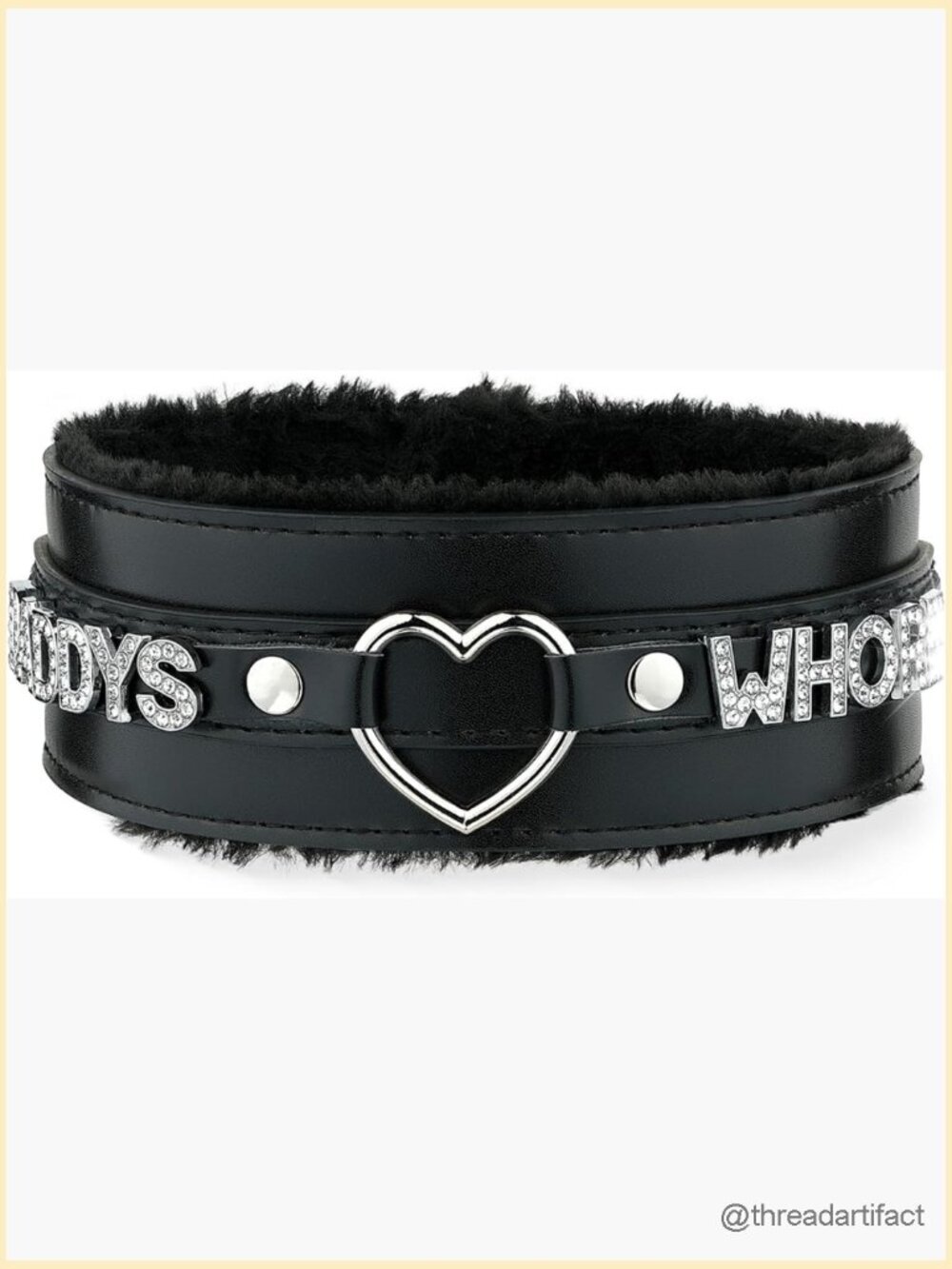 Furry Heart O-ring Leather Choker Collar Necklace, Adjustable Punk Gothic